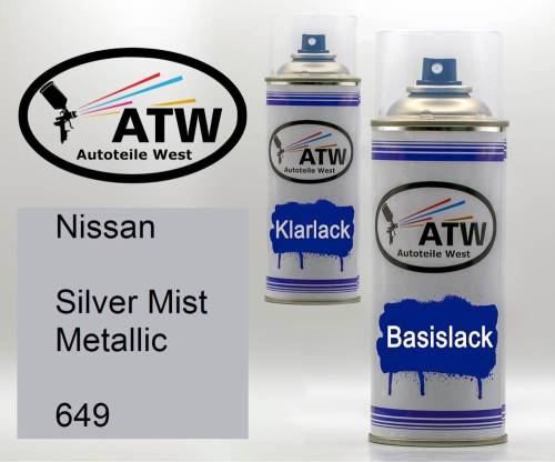 Nissan, Silver Mist Metallic, 649: 400ml Sprühdose + 400ml Klarlack - Set, von ATW Autoteile West.